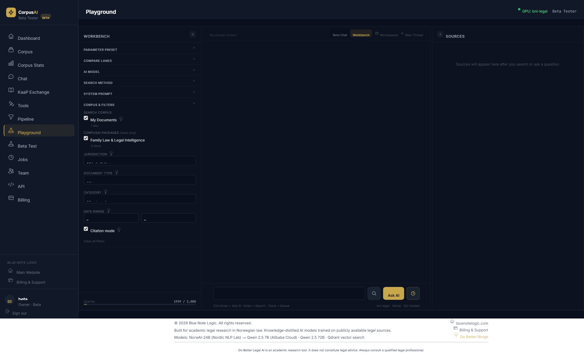 CaveauAI playground workbench showing a document intelligence workspace