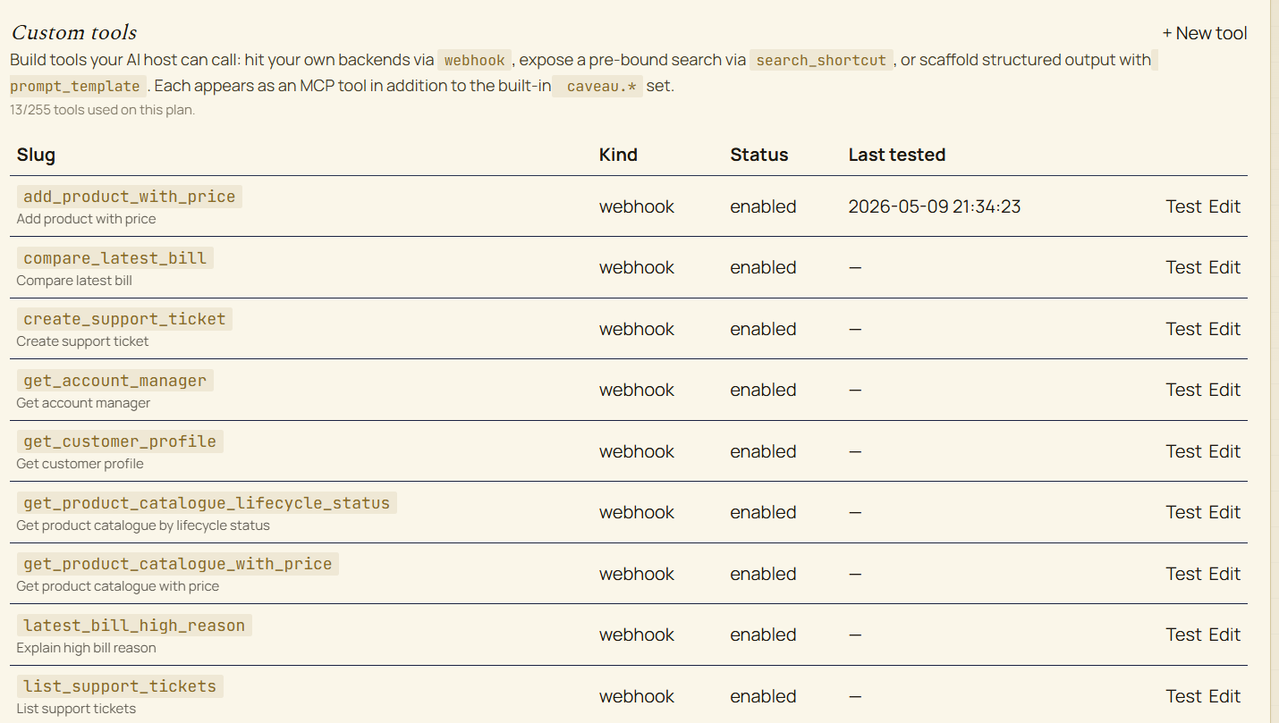 CaveauAI Agentic Tools Builder — custom webhook tools list