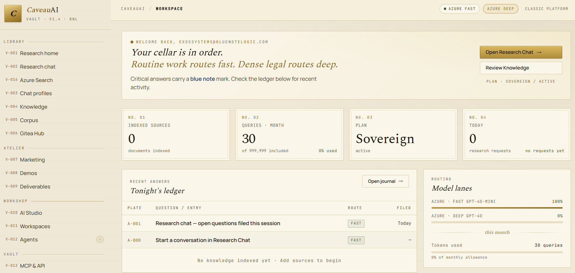 CaveauAI workspace dashboard — document intelligence, cited answers, and agentic pipelines